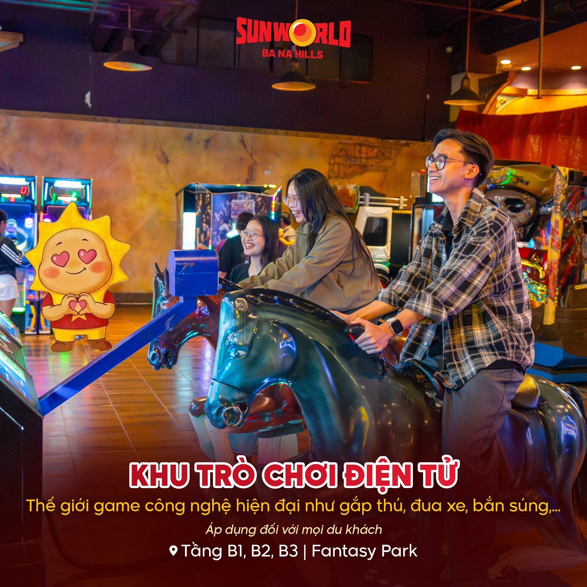 Khu trò chơi điện tử tại Bà Nà Hills, khách chơi trên ngựa, không gian vui vẻ.